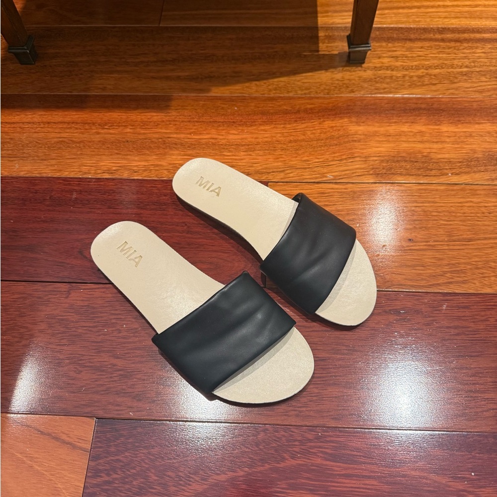MIA Black Slide Sandals with Beige Footbed